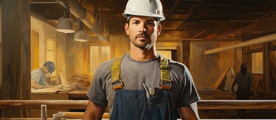 A man in workwear, including a hard hat and overalls, is in a woodworking shop. He is wearing personal protective equipment while working in the building