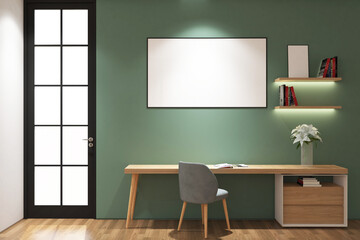 3d rendering desk and chair with frame mock up side the door. Green and light wood style in scandinavian. Set 4