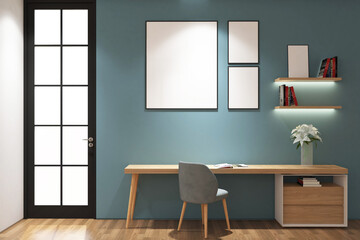 3d rendering desk and chair with frame mock up side the door. Blue and light wood style in scandinavian. Set 3 © asesidea