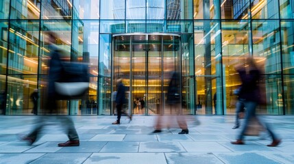 Motion Blur of People Walking in Urban Business District in Front of Office Building. Concept for Fast Paced Busy Lifestyle