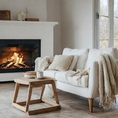 Frame Mockup. Fabric style sofa. Fireplace Modern Living Room Home Interior Design