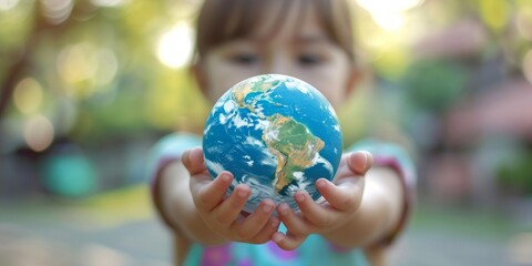 A children holding a small globe in their hands, showing a gesture of care and responsibility towards the Earth.
