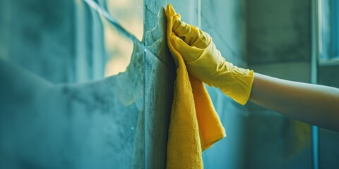 A person hand cleaning the bathroom wall - obrazy, fototapety, plakaty