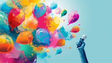 Colorful balloons bursting from a hand - A dynamic image showcasing a hand with a microphone releasing a vivid burst of colorful balloons and splatters