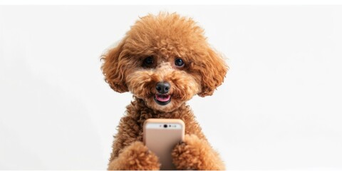smiling poodle dog with smart phone, dog using gadget concept