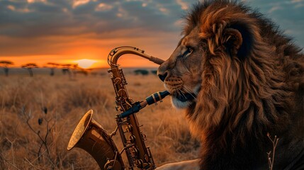 Majestic Lion Saxophonist in African Sunset Serenity - obrazy, fototapety, plakaty