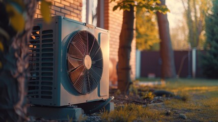 Heating pump in a beautiful garden setting - Close-up of a heat pump unit in a residential garden with warm sunlight filtering through, depicting energy efficiency in home settings - obrazy, fototapety, plakaty
