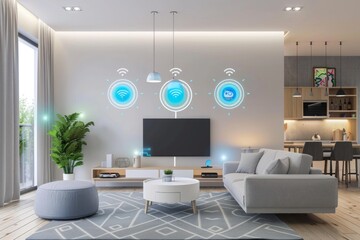 Living room interior with smart home interface - Modern living room showcasing a smart home interface with icons near the television