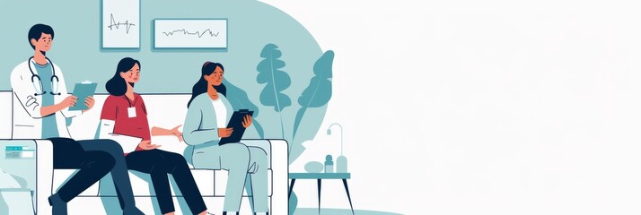 Patients waiting in a modern health clinic - Illustration of multiple patients calmly seated in a clinic's waiting area furnished with contemporary decor