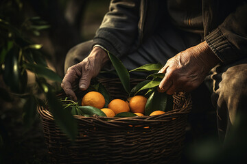 An elderly man's hands carefully pick oranges from the basket, with green leaves on top of them,  captured in the soft glow of natural daylight.  - Powered by Adobe