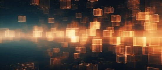 A display device is showcasing a building made of squares floating in the air against a dark magenta background, creating an entertaining city skyline event