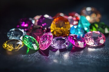 Jewel Sparkling Diversity: Gemstones on Black Reflective Surface.Gleaming Gemstone Variety
