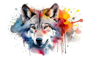 background painting splashes colorful head wolf Watercolor white