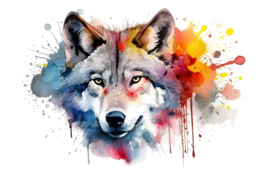 Zelfklevend Fotobehang background painting splashes colorful head wolf Watercolor white © akk png