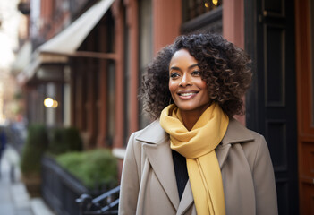 portrait of a smiling 35s African American woman walking in NYC wearing a coat and yellow scarf in...