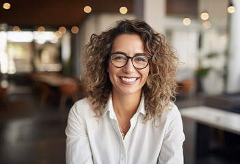 An 50s hispanic mixed races woman happy and stylish wearing a white shirt with black frame glasses, curly hair standing in office with soft background, modern confident beautiful  - Powered by Adobe