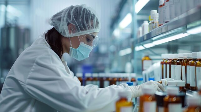Pharmaceutical quality control in sterile conditions - Focused pharmaceutical professional inspecting medication in a sterile environment, ensuring the highest quality in drug production