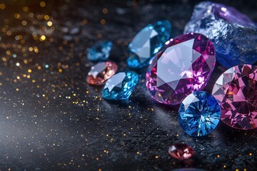 Sapphire Radiance: Gems of Beauty on Black Background,A Tapestry of Gemstones: Sapphire, Amethyst, Ruby, and Beyond