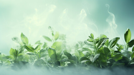 An ambient, softly glowing pastel green background featuring peppermint and eucalyptus leaves, creatively designed with steam swirling around them, ideal for a sinus-clearing advertisement with a refr - obrazy, fototapety, plakaty