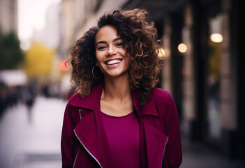 portrait of a smiling mixed race woman curly hair wearing a burgundy leather jacket and purple top walking in the street, looking at the camera, with a city background natural light bokeh background - Powered by Adobe