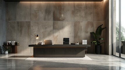 a minimalist office space with a strong monochromatic aesthetic, enhanced by the raw textures of concrete and sleek modern furniture, illuminated by a shaft of natural light.