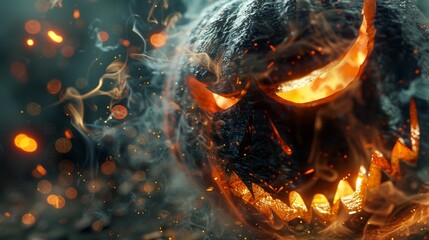 burning pumpkin offers a powerful visual for Halloween, its fierce flames mingling with swirling smoke to form a backdrop of mystery.