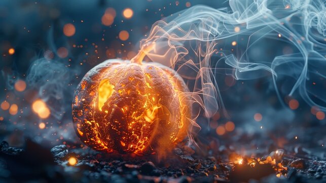 A 3D orange and black smoke begins to swirl out of a freshly carved Halloween pumpkin.
