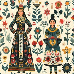 Traditional Folk Costumes: Designs inspired by traditional clothing from cultures around the world. For Seamless Pattern, Fabric Pattern, Tumbler Wrap, Mug Wrap.