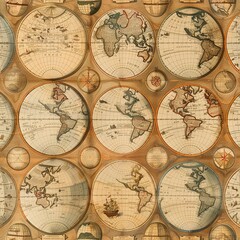 Fototapeta premium Antique Globes and Maps: Vintage world maps and globes for travel enthusiasts. For Seamless Pattern, Fabric Pattern, Tumbler Wrap, Mug Wrap.