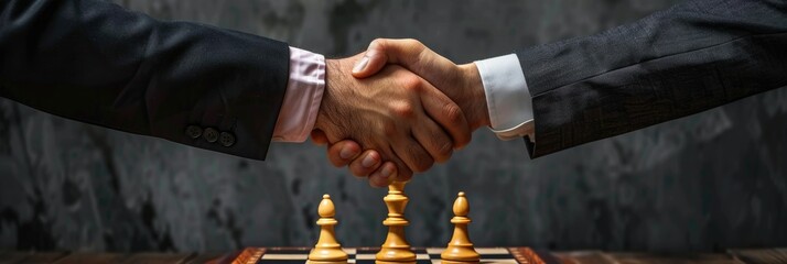 Businessmen handshake over chess strategy - Conceptual image of two businessmen shaking hands over a chess board, symbolizing strategic alliance and partnership - obrazy, fototapety, plakaty