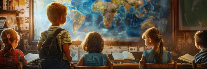 Children looking at a world map in a classroom - A group of young children are attentively gazing at a world map, highlighting curiosity and learning