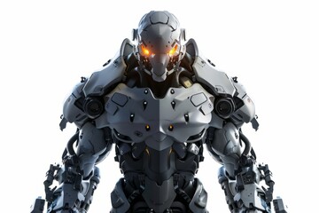 Fototapeta premium Fierce cyborg warrior with glowing eyes and mechanical armor, serving as an intimidating mascot for an e-sports team, on isolated white background,Generative AI