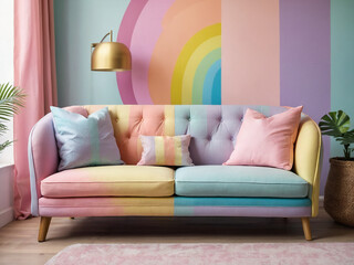 Pastel living room with modern colorful sofa