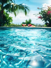 Refreshing tropical poolside view with blur - Clear blue pool water with palm trees and tropical flowers in background, suggesting relaxation and leisure in a sunny, tranquil setting