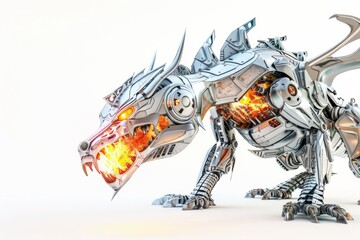 Robotic dragon mascot logo, breathing digital fire and embodying the spirit of power and dominance in the world of e-sports, on isolated white background,Generative AI