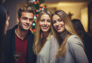 A group of three smiling young friends at the Christmas party, standing together looking to the camera with blurred people in the background.