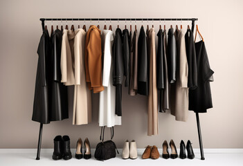 A minimalist display of women's and shoes on an iron rack, arranged in shades of black brown beige white, with hanging from the top, including long coats, blouses, turtleneck sweaters, leather jackets