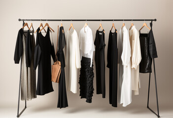 A minimalist and elegant display of women's on hangers, including black dresses in various styles and white long-sleeved blouses, all displayed against an off-white background.