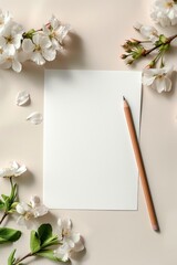 
A blank white paper adorned with flowers decorations and a pencil beside it, perfect for writing love letters or pearls of wisdom
