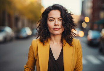 A woman in yellow blazer standing on the street, looking at the camera, confident expression shoulder-length wavy dark hair and brown eyes, a city background, bokeh, golden hour lighting