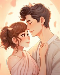 A heartwarming digital illustration of a young couple in a loving and tender embrace, bathed in a soft, golden light.