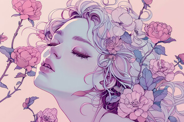 Romantic drawn portrait of a beautiful girl, with flowers in her hair, in pink color. Spring and femininity concept