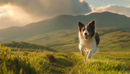 A joyful dog is running through the grass with hills in the background, bathed in sunshine