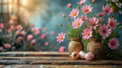 Wooden table with easter or spring theme blurred background , eggs and colorful flowers with copy space