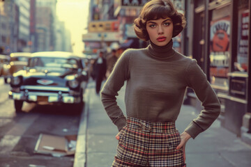 Retro Chic: Stylish Young Woman in Vintage Fashion on a Classic City Street