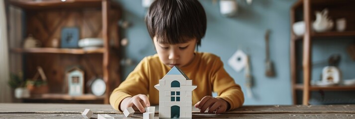 A child focused on assembling a white house with a blue roof on a wooden table, showcasing creativity and concentration - obrazy, fototapety, plakaty