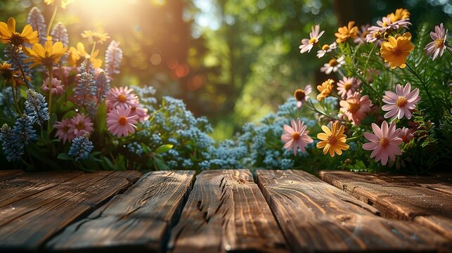 Wooden table with easter or spring theme blurred background , eggs and colorful flowers with copy space