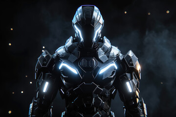Futuristic Sentinel: Advanced Armor Suit with Glowing Eyes and Circuit Lines - obrazy, fototapety, plakaty