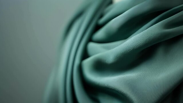 A macro shot of a smooth algaebased fabric dd over a mannequin. The fabric has a silky lightweight feel and its rich teal color adds a unique and refreshing touch to traditional