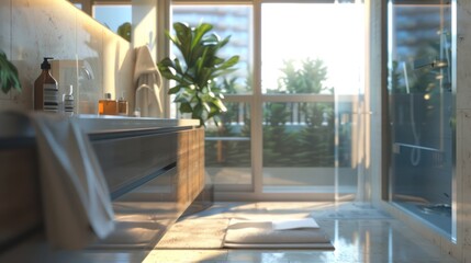 Obraz premium bathroom interior design with wet and dry separation, featuring a window glass